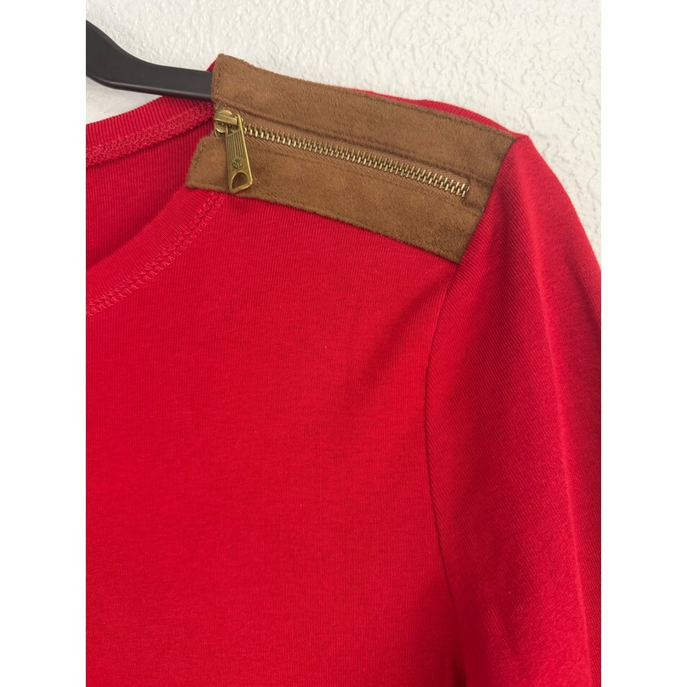 Lauren Ralph Lauren Red Long Sleeve Top Suede Elbow Patch Shoulder Zip Small - Picture 2 of 7